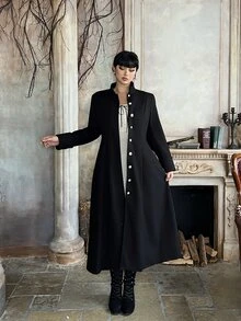 Lyrianda Halloween Goth Plus Size Long Sleeve Black Fashion British Women Cinched Waist A-Line Long Overcoat Winter - Black - View 6