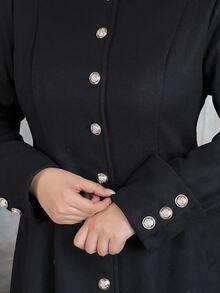 Lyrianda Halloween Goth Plus Size Long Sleeve Black Fashion British Women Cinched Waist A-Line Long Overcoat Winter - Black - View 3