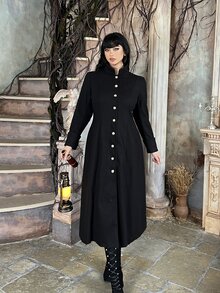 Lyrianda Halloween Goth Plus Size Long Sleeve Black Fashion British Women Cinched Waist A-Line Long Overcoat Winter - Black - View 4