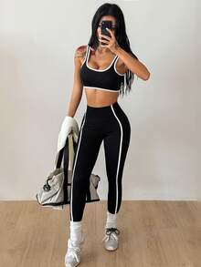 Coolane Women's Summer Square Neck Yoga Set, Sleeveless Slim Fit Gym Sports Shorts & Padded Cami - Black and White - View 3