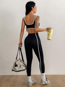 Coolane Women's Summer Square Neck Yoga Set, Sleeveless Slim Fit Gym Sports Shorts & Padded Cami - Black and White - View 4