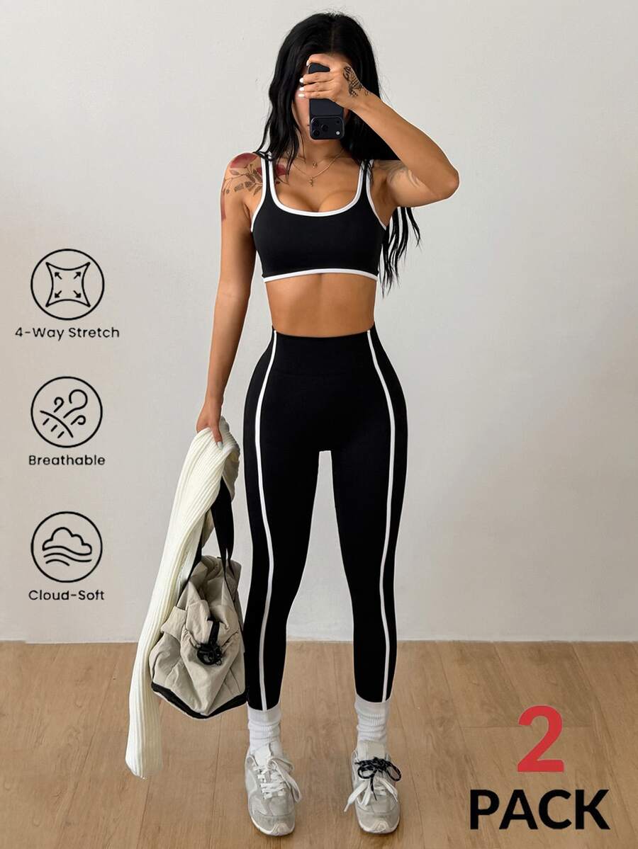 Coolane Women's Summer Square Neck Yoga Set, Sleeveless Slim Fit Gym Sports Shorts & Padded Cami - Black and White - View 1