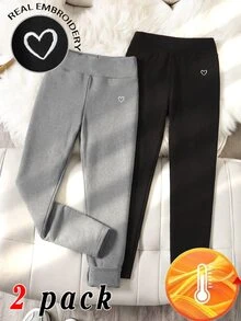 SHEIN 兒童青少年女孩 2件套，秋冬休閒抓絨加厚愛心高腰修身緊身褲，黑色與灰色 - 彩色 - 查看 1