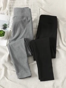 SHEIN 兒童青少年女孩 2件套，秋冬休閒抓絨加厚愛心高腰修身緊身褲，黑色與灰色 - 彩色 - 查看 5