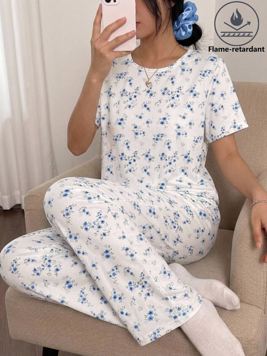 SHEIN 青少年女孩夏季休閒寬鬆簡約甜美碎花圓領短袖長褲睡衣家居服 - 白色 - 查看 1