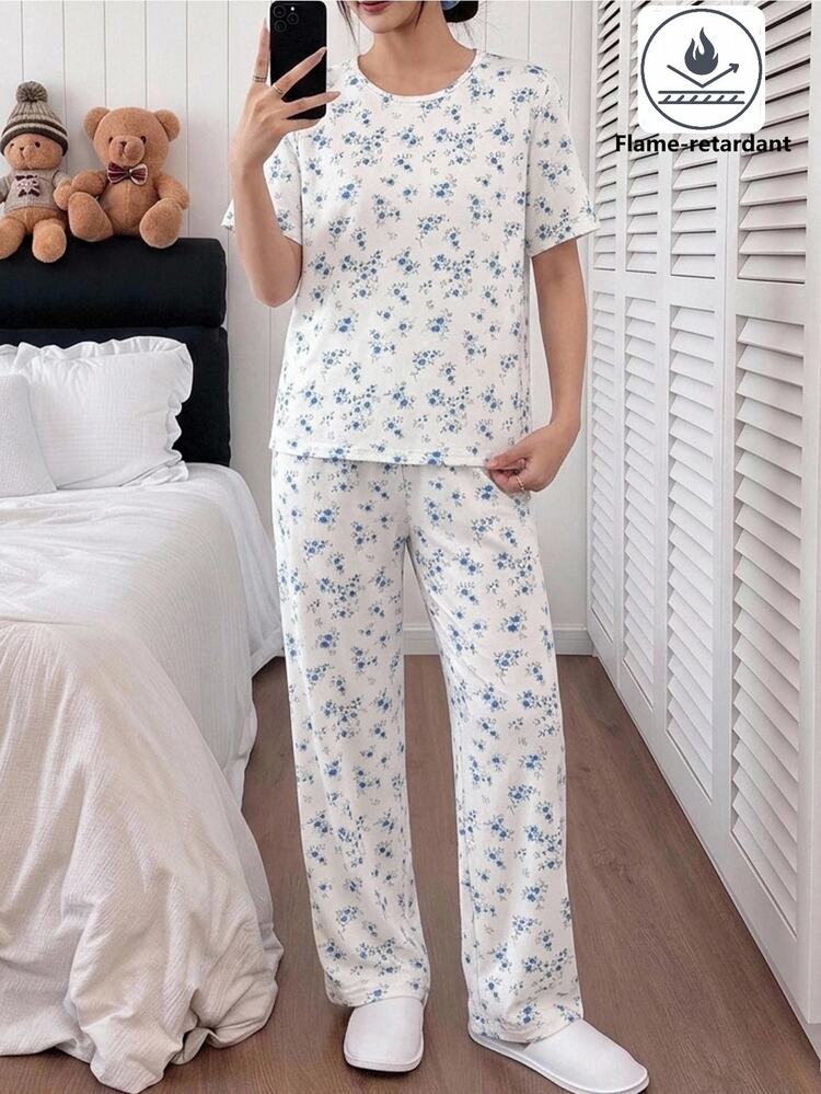 SHEIN Teen Girl Teen Girls Pajamas Summer Casual Loose Minimalist Sweet Ditsy Floral Round Neck Short Sleeve Long Pants Loungewear - White - View 3