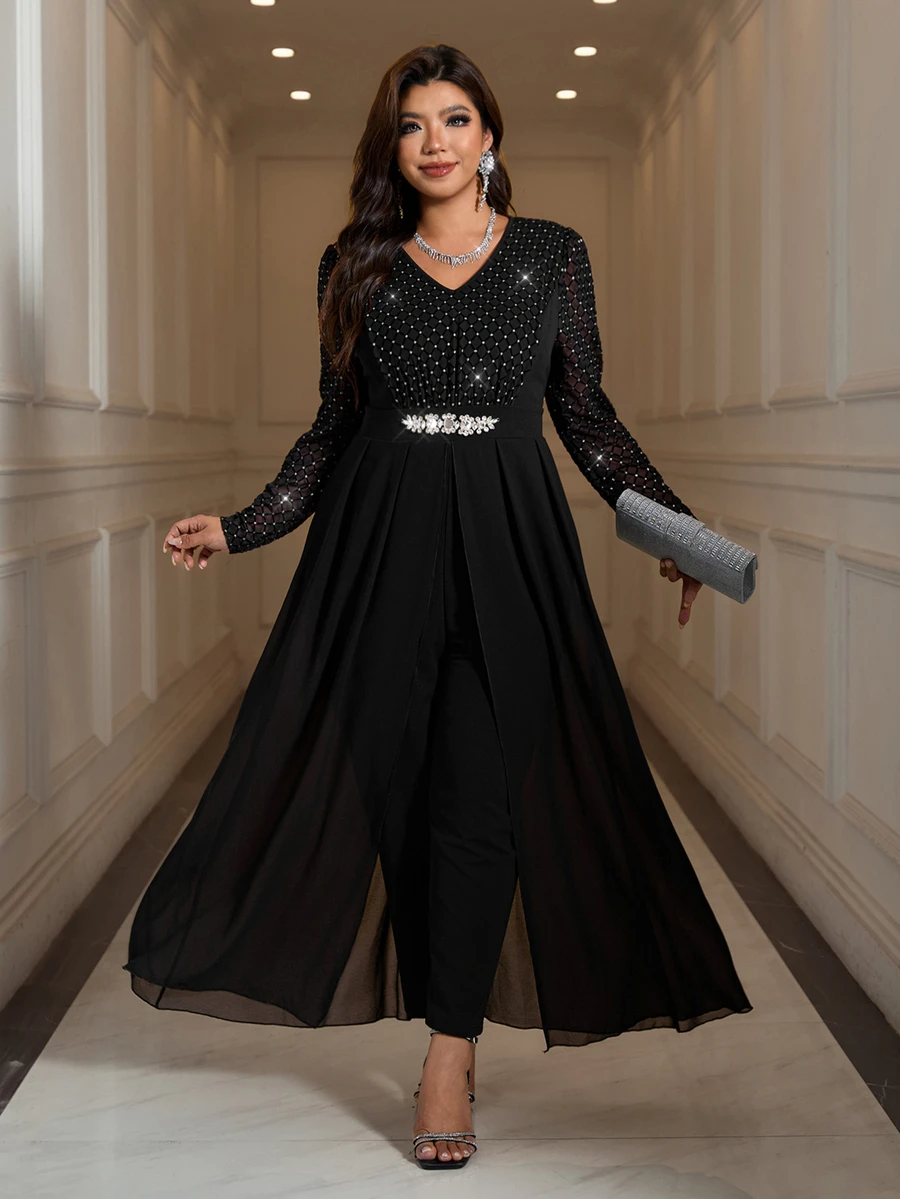 Reflora Plus Size Women's Rhinestone Mesh V-Neck Long Sleeve Elegant Wide Leg Jumpsuit Fall - Black - View 1