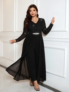 Reflora Plus Size Women's Rhinestone Mesh V-Neck Long Sleeve Elegant Wide Leg Jumpsuit Fall - Black - View 6