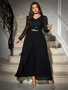 Reflora Plus Size Women's Rhinestone Mesh V-Neck Long Sleeve Elegant Wide Leg Jumpsuit Fall - Black - View 7