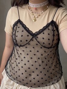 SHEIN MOD Plus Size Women's Patchwork Polka Dot Mesh Short Sleeve 2 In 1 T-Shirt - Khaki - View 3