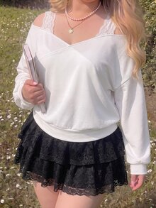 SHEIN MOD Plus Size Korean Style Versatile Lace Patchwork Long Sleeve Sweatshirt Fall - White - View 4