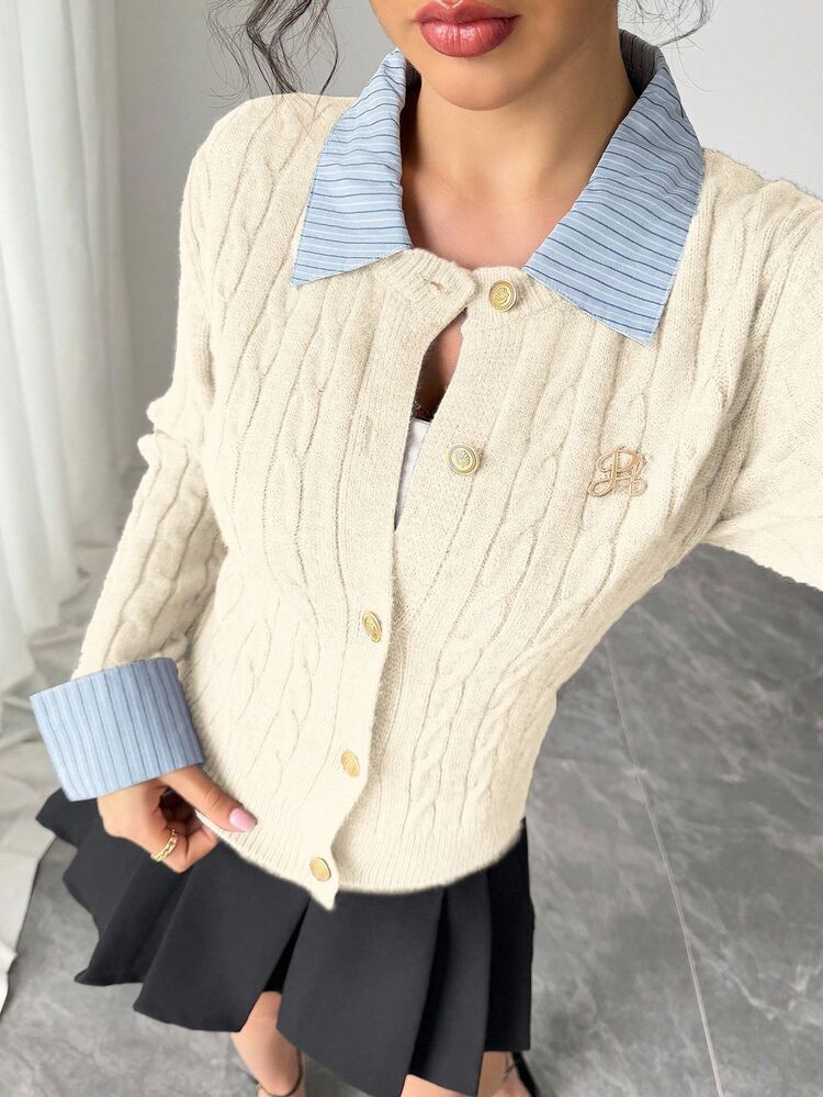 SHEIN Light Blue 2 In 1 Patchwork Knit Cardigan,Effortless Chic Back-To-School Fall Winter,French Style Retro Academia School Apparel - Beige - View 4