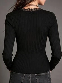 SHEIN French Vintage Knit Solid Black V-Neck Long Sleeve Lace Trim Collar, Elegant Women's T-Shirt, Autumn/Winter, Casual Outing T-Shirt, Women's Casual T-Shirt - Black - View 3