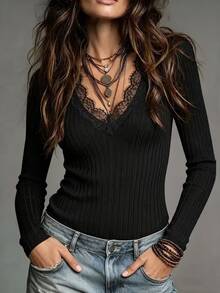 SHEIN French Vintage Knit Solid Black V-Neck Long Sleeve Lace Trim Collar, Elegant Women's T-Shirt, Autumn/Winter, Casual Outing T-Shirt, Women's Casual T-Shirt - Black - View 2