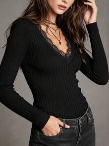 SHEIN French Vintage Knit Solid Black V-Neck Long Sleeve Lace Trim Collar, Elegant Women's T-Shirt, Autumn/Winter, Casual Outing T-Shirt, Women's Casual T-Shirt - Black - View 7
