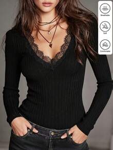 SHEIN French Vintage Knit Solid Black V-Neck Long Sleeve Lace Trim Collar, Elegant Women's T-Shirt, Autumn/Winter, Casual Outing T-Shirt, Women's Casual T-Shirt - Black - View 6