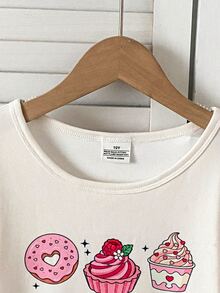 1套女童新款可愛簡約粉色修身全印花冰淇淋居家服，女孩最佳禮物，居家穿著，百搭時尚，首選 - 粉色 - 查看 4