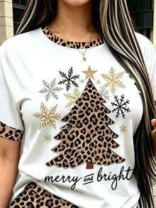 Rovax Women's Plus-Size 2-Piece Set, Short-Sleeved Tops And Shorts.Christmas Tree Print Tee & Leopard . Suitable For Halloween, Casual,Gift For Friends - Multicolor - View 3