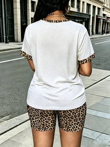 Rovax Women's Plus-Size 2-Piece Set, Short-Sleeved Tops And Shorts.Christmas Tree Print Tee & Leopard . Suitable For Halloween, Casual,Gift For Friends - Multicolor - View 2