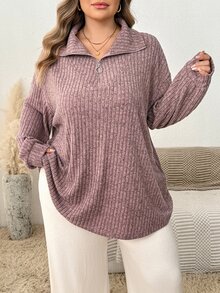 SHEIN CURVE+ Kaos Wanita Ukuran Besar Kasual dengan Kerah Resleting Warna Aprikot Lembut/Musim Gugur Musim Dingin - Coffee Brown - View 4
