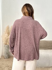 SHEIN CURVE+ Kaos Wanita Ukuran Besar Kasual dengan Kerah Resleting Warna Aprikot Lembut/Musim Gugur Musim Dingin - Coffee Brown - View 2