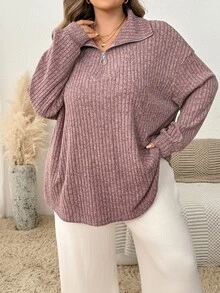 SHEIN CURVE+ Kaos Wanita Ukuran Besar Kasual dengan Kerah Resleting Warna Aprikot Lembut/Musim Gugur Musim Dingin - Coffee Brown - View 3