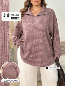 SHEIN CURVE+ Kaos Wanita Ukuran Besar Kasual dengan Kerah Resleting Warna Aprikot Lembut/Musim Gugur Musim Dingin - Coffee Brown - View 8
