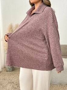 SHEIN CURVE+ Kaos Wanita Ukuran Besar Kasual dengan Kerah Resleting Warna Aprikot Lembut/Musim Gugur Musim Dingin - Coffee Brown - View 5