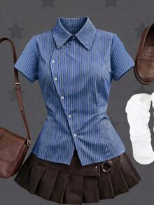 Sunspun Plus Size Spring/Summer Asymmetrical Collar Short Sleeve Plaid Shirt - Multicolor - View 3
