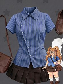 Sunspun Plus Size Spring/Summer Asymmetrical Collar Short Sleeve Plaid Shirt - Multicolor - View 1