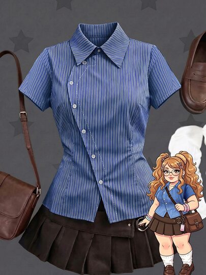 Sunspun Plus Size Spring/Summer Asymmetrical Collar Short Sleeve Plaid Shirt