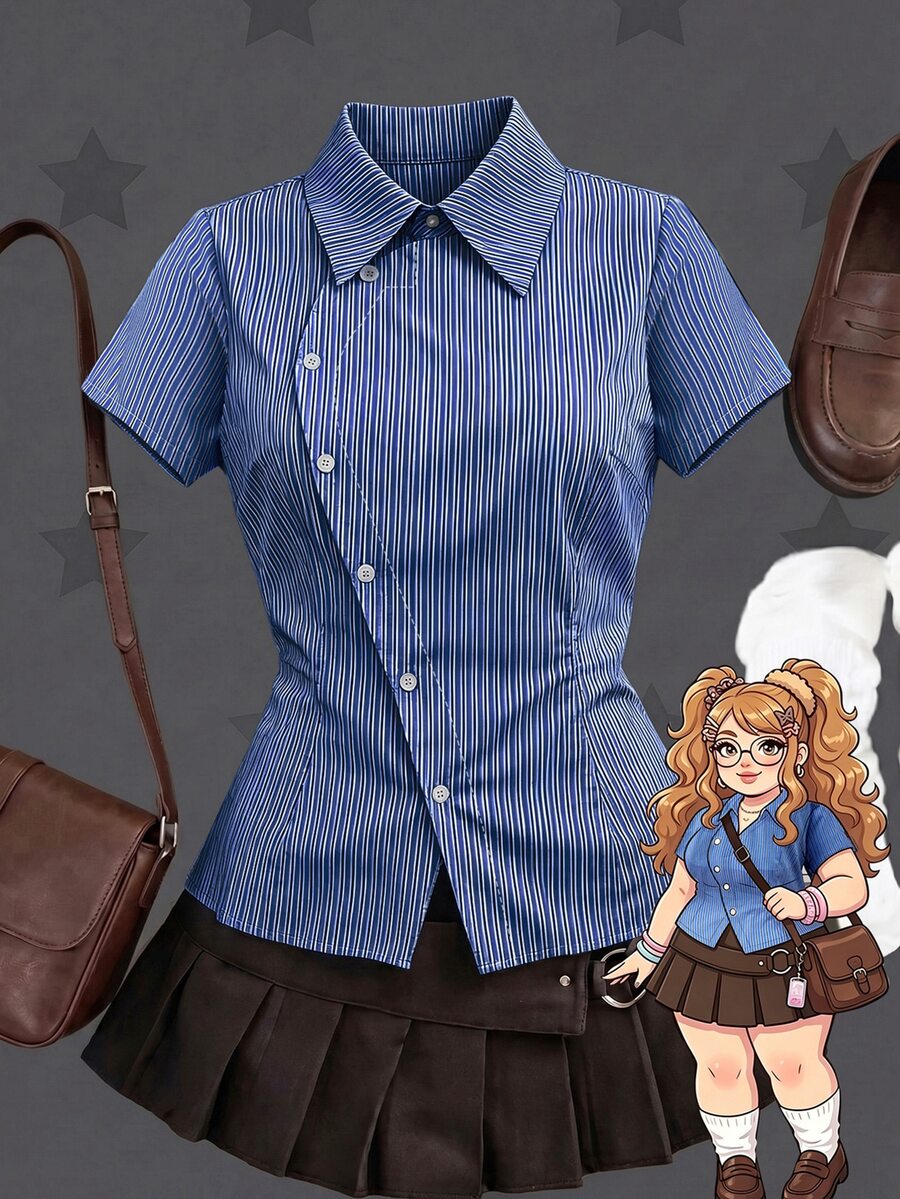 Sunspun Plus Size Spring/Summer Asymmetrical Collar Short Sleeve Plaid Shirt - Multicolor - View 1