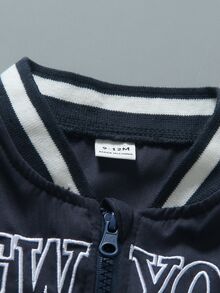 SHEIN 1件小男孩運動休閒棒球夾克，字母與數字印花，長袖，適合日常穿著、運動、觀賽，4-7歲男孩，返校季 - 藏蓝色 - 查看 6