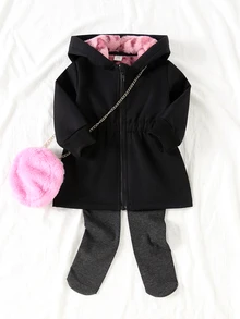 SHEIN 2件組幼女連帽派克夾克外套，可愛甜美粉黑配色，人造毛豹紋印花，長袖加厚保暖，適合冬季聖誕派對、秋冬假期穿著的舒適毛絨外套 - 黑色 - 查看 9