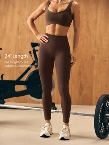 GLOWMODE Leggings de cintura alta de 3 paneles sin costuras, ultra finos, suaves y resistentes, sin transparencia, con efecto levantador de glúteos fruncido, para entrenamiento, running, ejercicio y gimnasio, de impacto medio, 24" - Marrón - Ver 4
