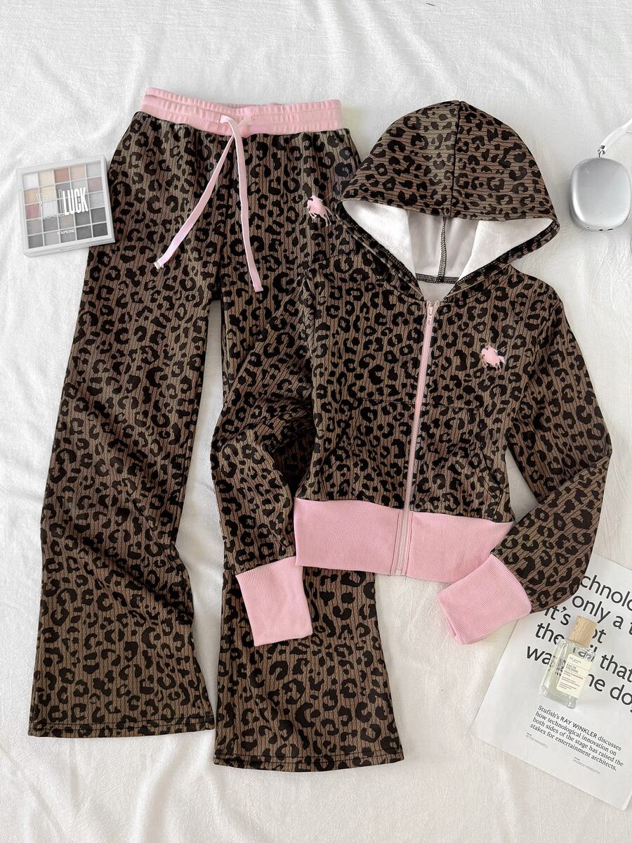 SHEIN 青少年女孩棕色粉色豹紋印花拉鍊連帽衛衣與運動長褲休閒套裝 - 棕色 - 查看 1