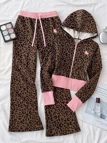 SHEIN 青少年女孩棕色粉色豹紋印花拉鍊連帽衛衣與運動長褲休閒套裝 - 棕色 - 查看 3