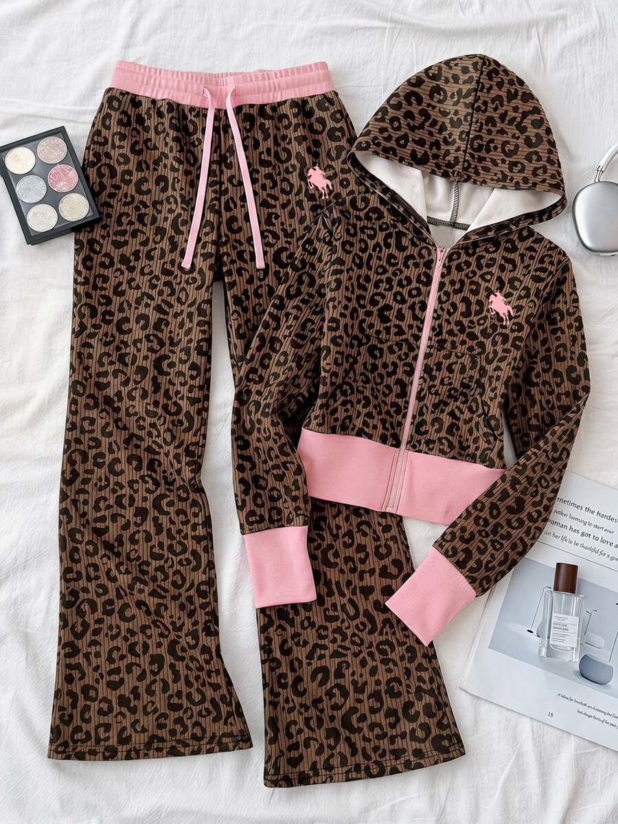 SHEIN Tween Girl Brown Pink Tween Girl Leopard Printed Zip-Up Hoodie And Sweatpants Casual Outfit - Brown - View 1