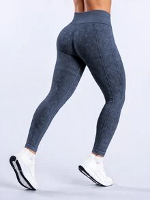 SHEIN Sports Women's Solid Color Simple Daily Sports Leggings Yoga Pants - Navy Blue - View 3