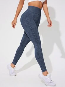 SHEIN Sports Women's Solid Color Simple Daily Sports Leggings Yoga Pants - Navy Blue - View 5