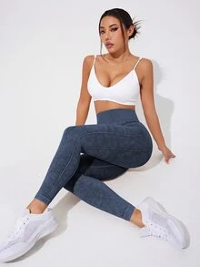 SHEIN Sports Women's Solid Color Simple Daily Sports Leggings Yoga Pants - Navy Blue - View 6