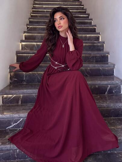 Al Najma Lente en herfst elegante waterdiamant decoratieve taille ronde hals bloemblad lange mouw wijnrode lange jurk, dagelijkse date kleding