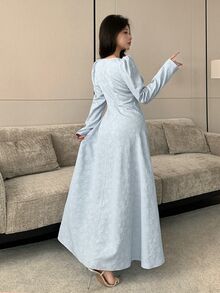 Modelyn 春夏秋溫柔淡藍色方領長洋裝 高腰顯瘦大裙擺優雅約會質感連身裙 - 藍色 - 查看 3