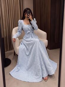 Modelyn 春夏秋溫柔淡藍色方領長洋裝 高腰顯瘦大裙擺優雅約會質感連身裙 - 藍色 - 查看 11