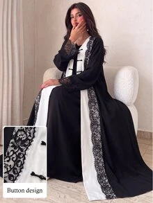 Yasmyna Spring Summer Autumn Eyelash Lace Frog Button V-Neck Fashion Slimming Elegant Intellectual Date Daily Versatile Women's Long Robe - Multicolor - View 13