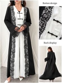 Yasmyna Spring Summer Autumn Eyelash Lace Frog Button V-Neck Fashion Slimming Elegant Intellectual Date Daily Versatile Women's Long Robe - Multicolor - View 4
