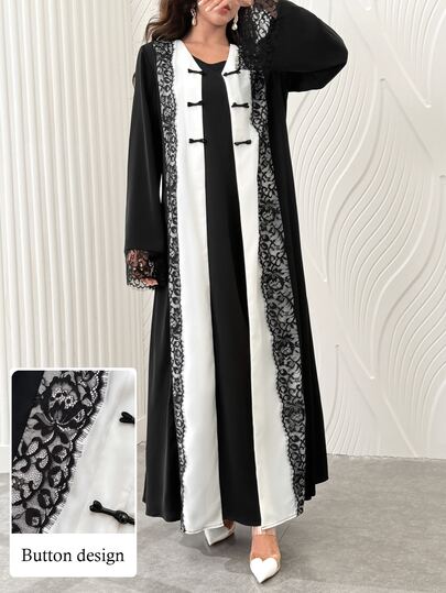 Yasmyna Jubah Panjang Wanita Serbaguna untuk Musim Semi, Musim Panas, Musim Gugur, dengan Hiasan Bulu Mata, Renda, Kancing Katak, dan Leher V.