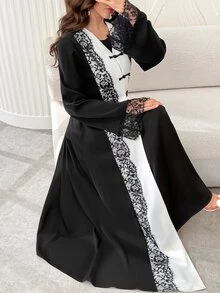 Yasmyna Spring Summer Autumn Eyelash Lace Frog Button V-Neck Fashion Slimming Elegant Intellectual Date Daily Versatile Women's Long Robe - Multicolor - View 5