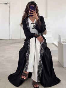 Yasmyna Spring Summer Autumn Eyelash Lace Frog Button V-Neck Fashion Slimming Elegant Intellectual Date Daily Versatile Women's Long Robe - Multicolor - View 12