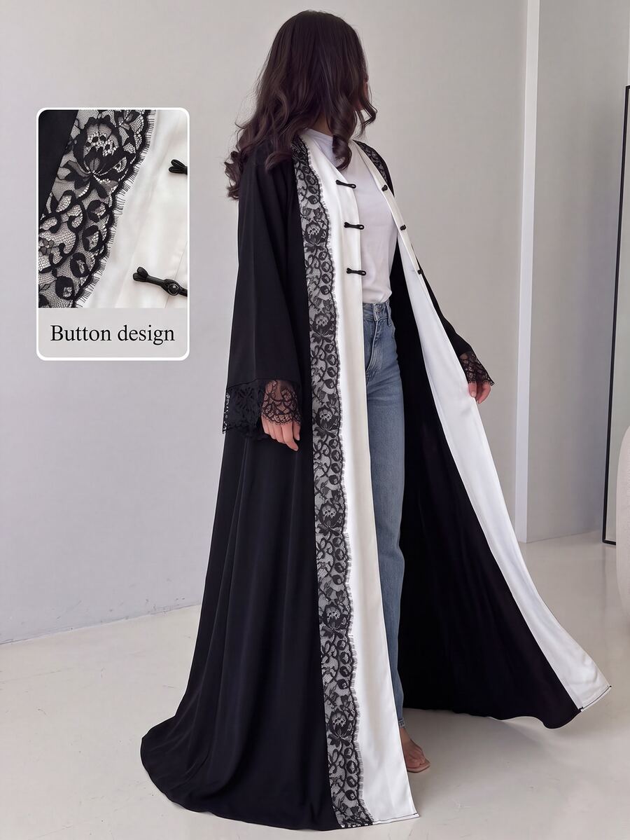 Yasmyna Spring Summer Autumn Eyelash Lace Frog Button V-Neck Fashion Slimming Elegant Intellectual Date Daily Versatile Women's Long Robe